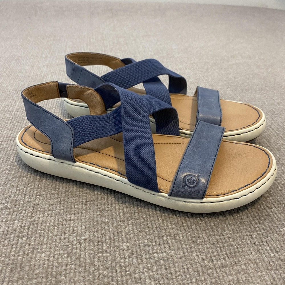 Born Sandals Womens Size 9 Blue Leather Strappy Elastic Slingback Comfort Flat